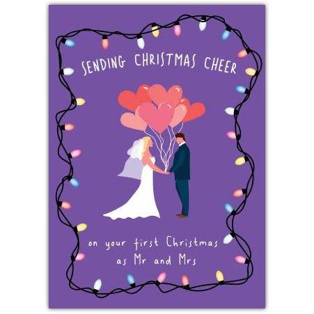 First Christmas as Mr and Mrs Wedding Card with Festive Lights and Heart Balloon Design