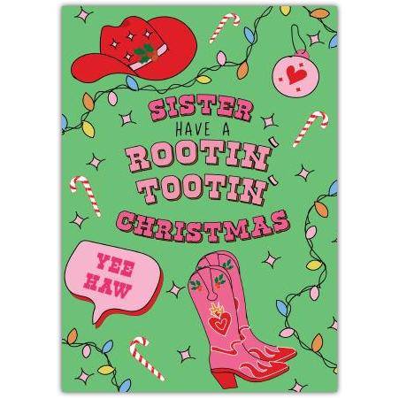 Sister Rootin Tootin Christmas Card with Cowboy Boots and Festive Lights