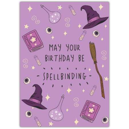 Spellbinding Birthday Card with Witch Hat Broom and Potion Design in Purple