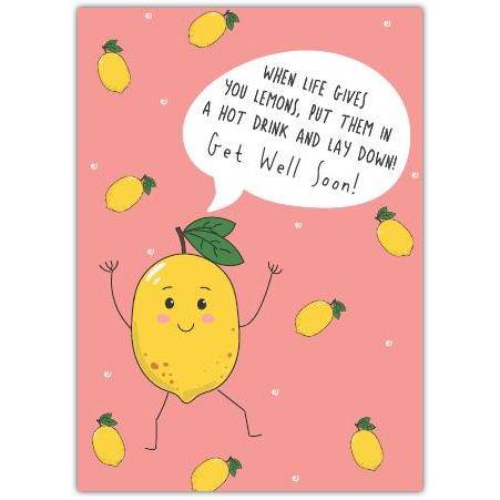 Get Well Soon Card with Cute Lemon Cartoon and Humorous Message on Pink Background