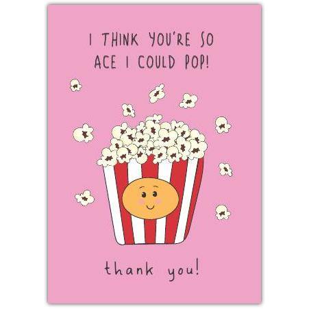 Thank You Card with Cute Cartoon Popcorn and Humorous Message on Pink Background