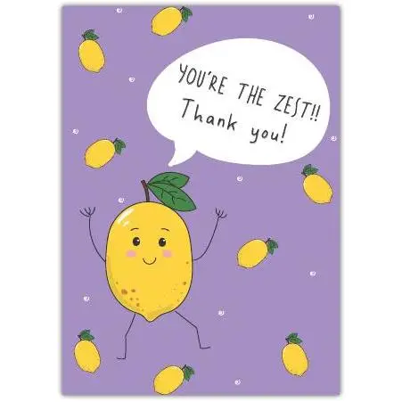 Thank You Card with Cute Lemon Character and You're the Zest Message on Purple Background