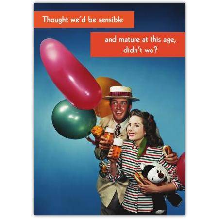 Humorous Vintage Style Birthday Card with Balloons and Hot Dogs for Adults