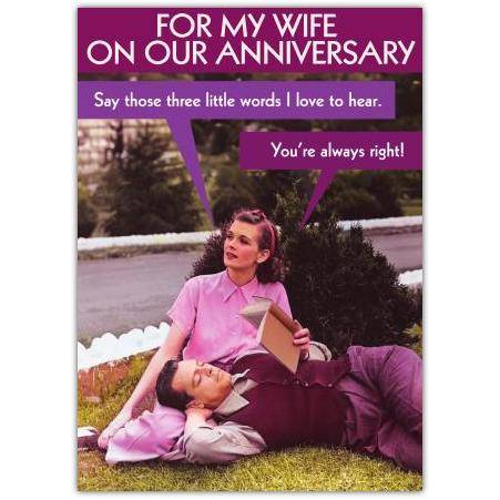 Anniversary Card for Wife Humorous Say I Love You and You're Always Right Design