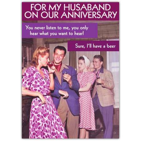 Humorous Anniversary Card for Husband with Retro Style and Funny Message