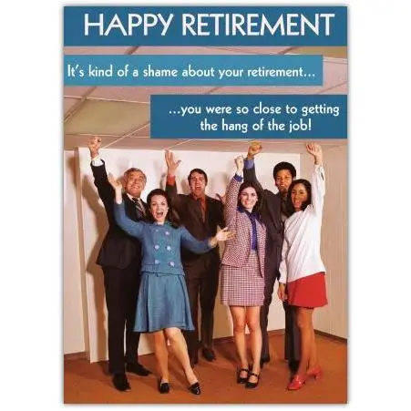 Happy Retirement Humorous Card with Vintage Office Team Celebrating Work Farewell