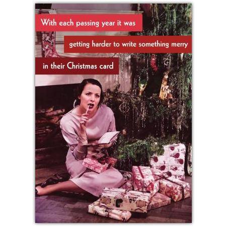 Humorous Christmas Card with Woman Writing Gifts Under Tree Suitable for Personalised Christmas Messages