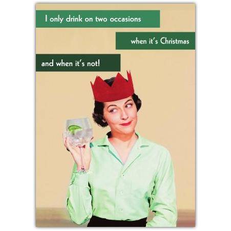 Funny Christmas Drinking Party Card with Retro Woman in Paper Crown and Humorous Quote