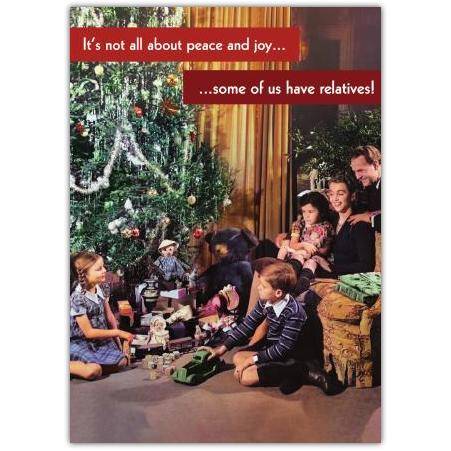 Humorous Christmas Card Featuring Family and Tree with Relatives Joke