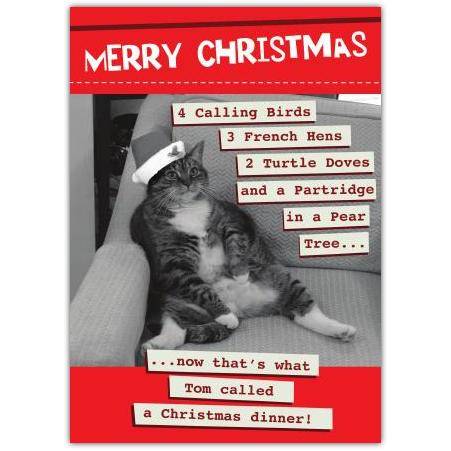 Humorous Cat Christmas Card with Funny Twelve Days of Christmas Dinner Joke