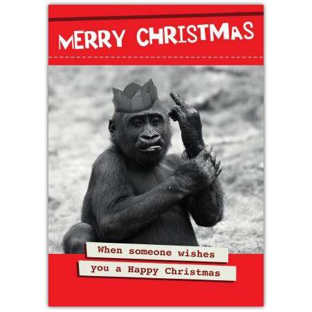 Humorous Christmas Card with Monkey in Party Hat and Cheeky Gesture for Festive Fun