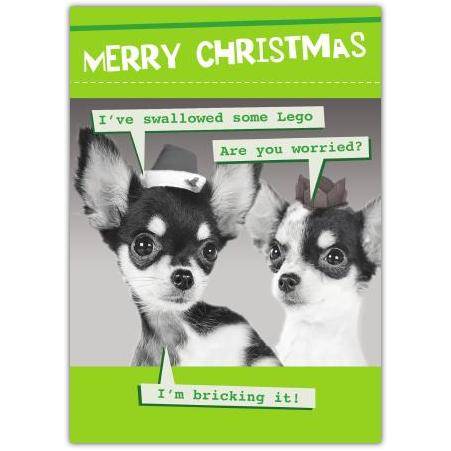 Funny Christmas Card with Two Chihuahuas and Lego Joke Holiday Greeting