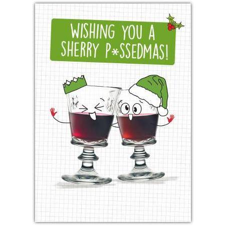 Witty Merry Christmas Humour Card Featuring Two Cheerful Sherry Glasses Wearing Festive Hats