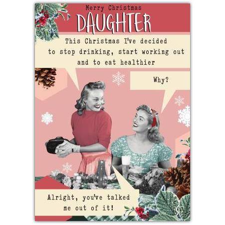 Humorous Merry Christmas Daughter Card with Retro Design and Funny Health Resolution Joke