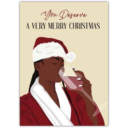Merry Christmas Holiday Card with Woman in Santa Hat Enjoying Wine