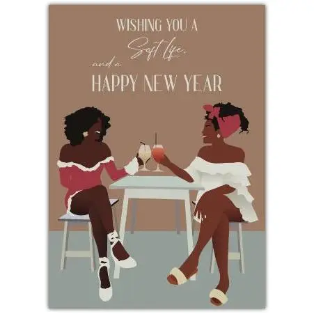 Happy New Year Greeting Card Featuring Two Women Toasting with Drinks Stylish Celebration Design