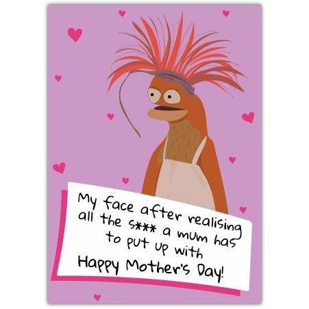 Funny Mother's Day Card with Humorous Muppet Character and Heart Design