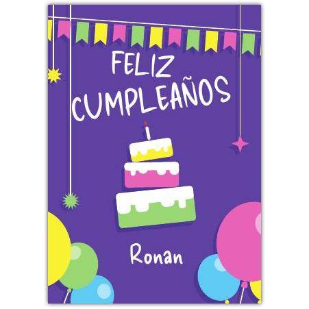 Personalised Feliz Cumpleaños Birthday Card with Cake Balloons and Bunting Design