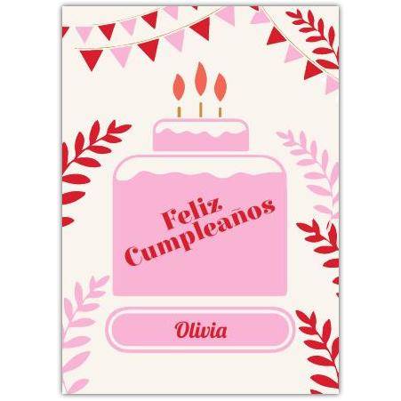 Personalised Pink Feliz Cumpleaños Birthday Card with Cake and Bunting Design