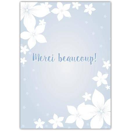 Merci Beaucoup Floral Thank You Card with White Flowers on Soft Blue Background