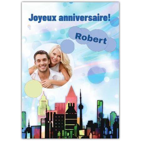 Personalised French Happy Birthday Card with Photo and Colourful Cityscape Design