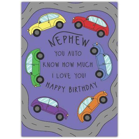 Nephew Happy Birthday Card with Colourful Cars and Loving Message