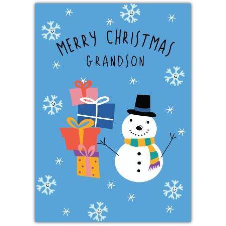 Merry Christmas Grandson Snowman and Presents Blue Festive Holiday Card