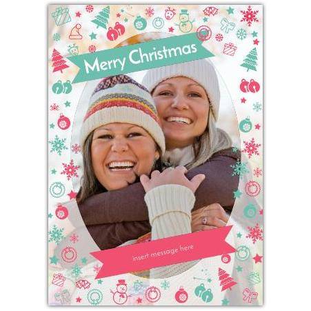 Personalised Merry Christmas Photo Card with Festive Snowflakes and Holiday Icons