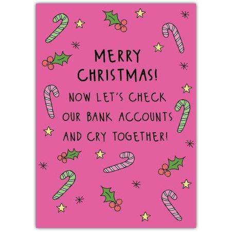 Humorous Merry Christmas Card with Candy Canes and Holly on Pink Background