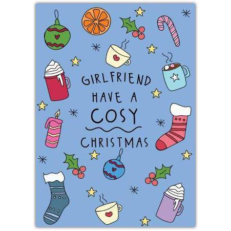Cosy Christmas Card for Girlfriend Cute Festive Hot Drinks and Stockings Design