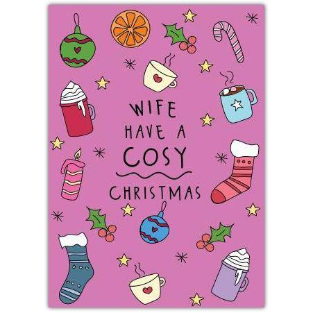 Cosy Christmas Greeting Card for Wife with Festive Socks and Hot Drinks Design