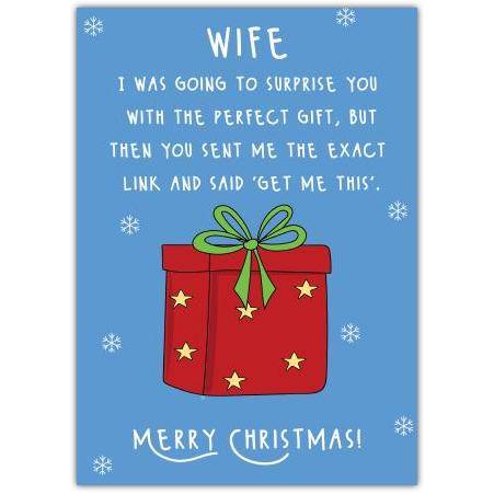 Wife Humorous Christmas Card Perfect Gift Link Personalised Cover Option