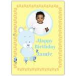 Personalised Photo Blue Bear Happy Birthday Card for Children with Yellow Background
