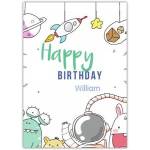 Happy Birthday Space Friends Personalised Boys Cartoon Rocket Card