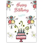 Personalised Happy Birthday Card with Cake, Balloons and Streamers for Girls