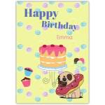 Personalised Happy Birthday Card with Pug Wearing Donut Floaty and Cake Design