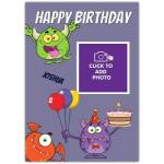 Personalised Boys Monster Birthday Card with Photo Upload and Cake Design