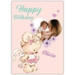 Personalised Baby Girl Birthday Card with Teddy Bear and Photo Frame