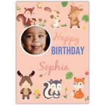 Personalised Happy Birthday Card for Baby Girl with Cute Forest Animals and Photo Upload on Pink Background
