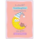 Personalised Goddaughter Christening Card Baby Sleeping on Moon Design