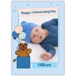 Personalised Happy Christening Day Baby Boy Card with Teddy Bear and Balloons Photo Upload