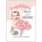 Personalised Baby Girl Christening Congratulations Card with Bunny and Cherry Blossom Tree