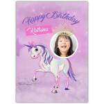 Personalised Purple Unicorn Birthday Card for Girls with Photo Upload and Princess Theme