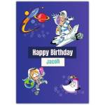 Happy Birthday Kids Space Adventure Card with Rocket Astronaut and Moon Design