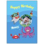 Personalised Kids Under the Sea Birthday Card with Shark Octopus Crab and Photo Upload