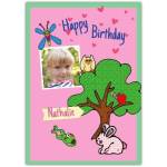 Personalised Kids Happy Birthday Card with Tree Bunny Owl Frog and Photo Upload Pink Design