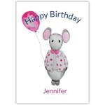 Personalised Happy Birthday Card with Cute Mouse Holding Pink Balloon Design
