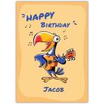 Personalised Happy Birthday Card with Orange Parrot Playing Guitar and Music Notes Design