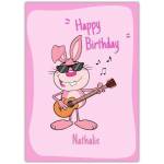 Personalised Happy Birthday Card with Cool Rabbit Playing Guitar Design in Pink