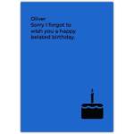 Personalised Belated Birthday Card with Blue Background and Black Cake Silhouette